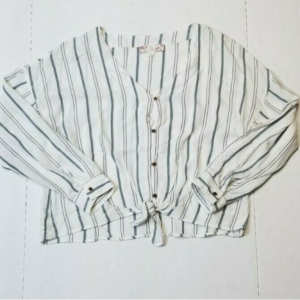 Pink Rose Tie Front Button up Blouse White Blue Striped